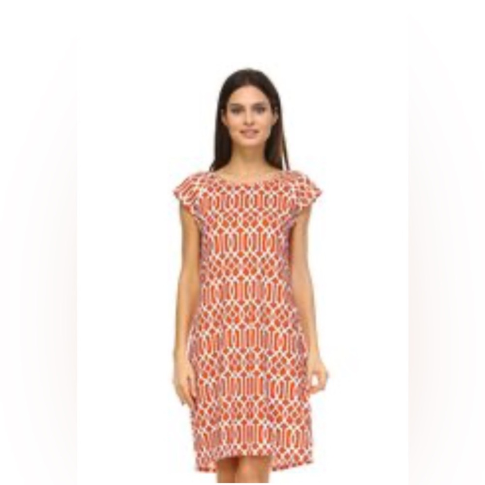 Jean-Pierre Klifa Paris Geometric Short Sleeve Dress Terracotta & White …